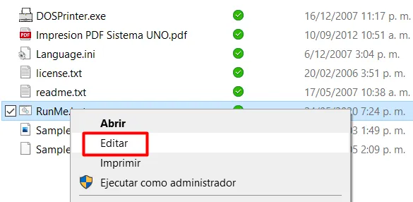 Clic derecho sobre el archivo RunMe.bat en la carpeta de DOSPrinter mostrando la opción Editar del menú contextual