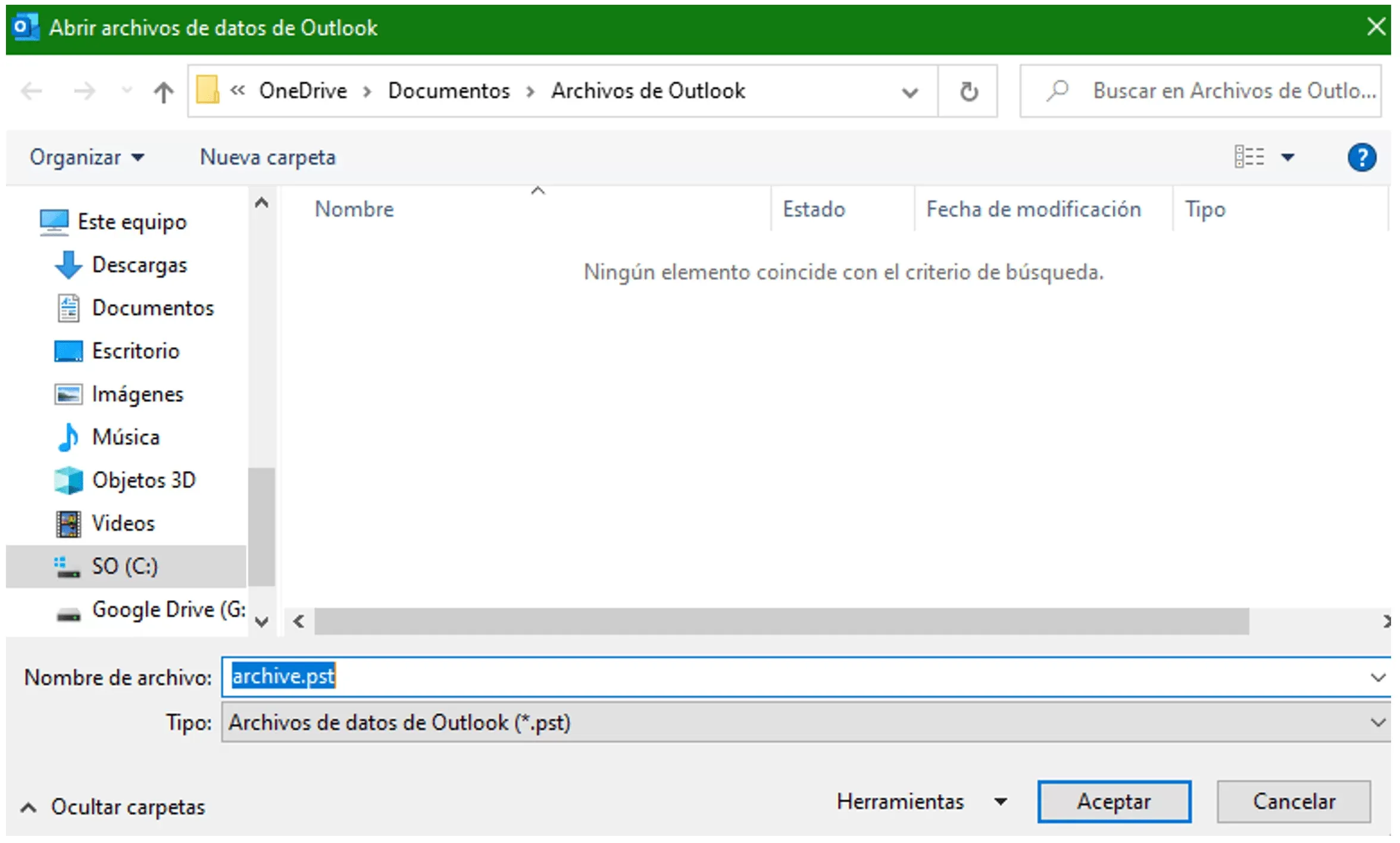 Cuadro para nombrar y guardar el archivo .pst de elementos antiguos