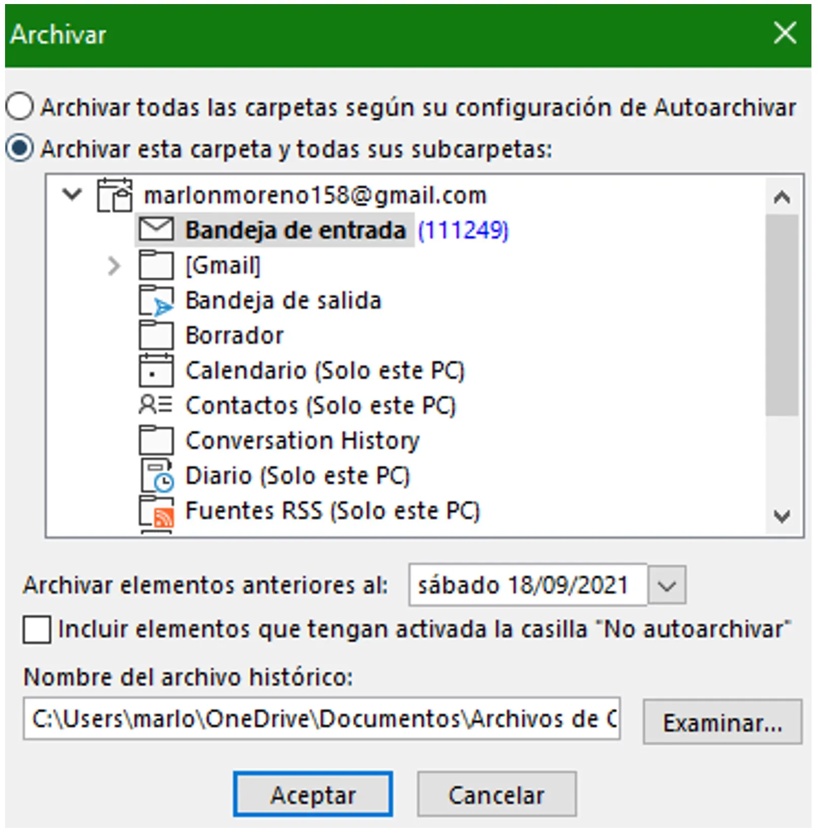 Botón Aceptar para iniciar la exportación de elementos antiguos