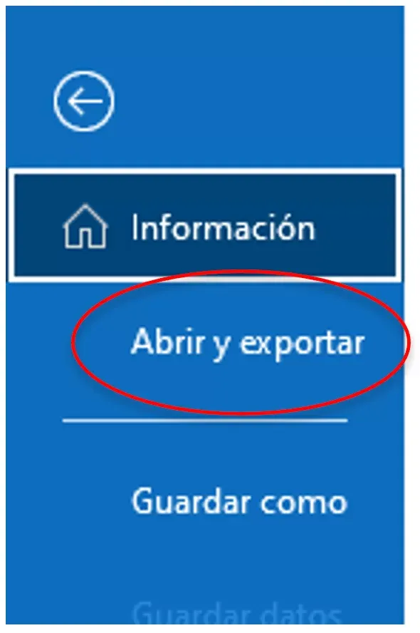 Menú Archivo de Outlook con la opción Abrir y exportar seleccionada