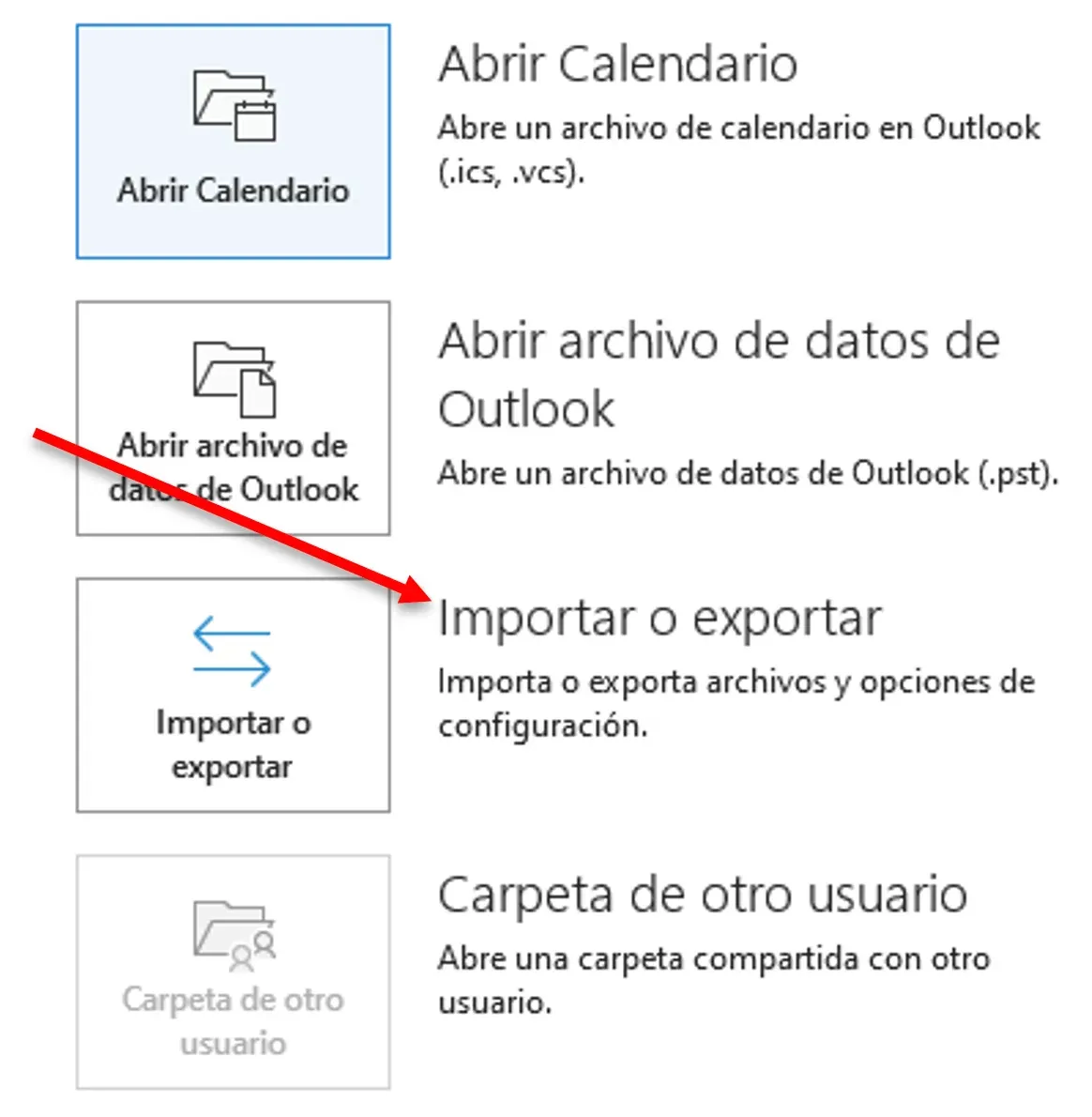 Asistente de importación y exportación de Outlook con la opción Importar o exportar seleccionada