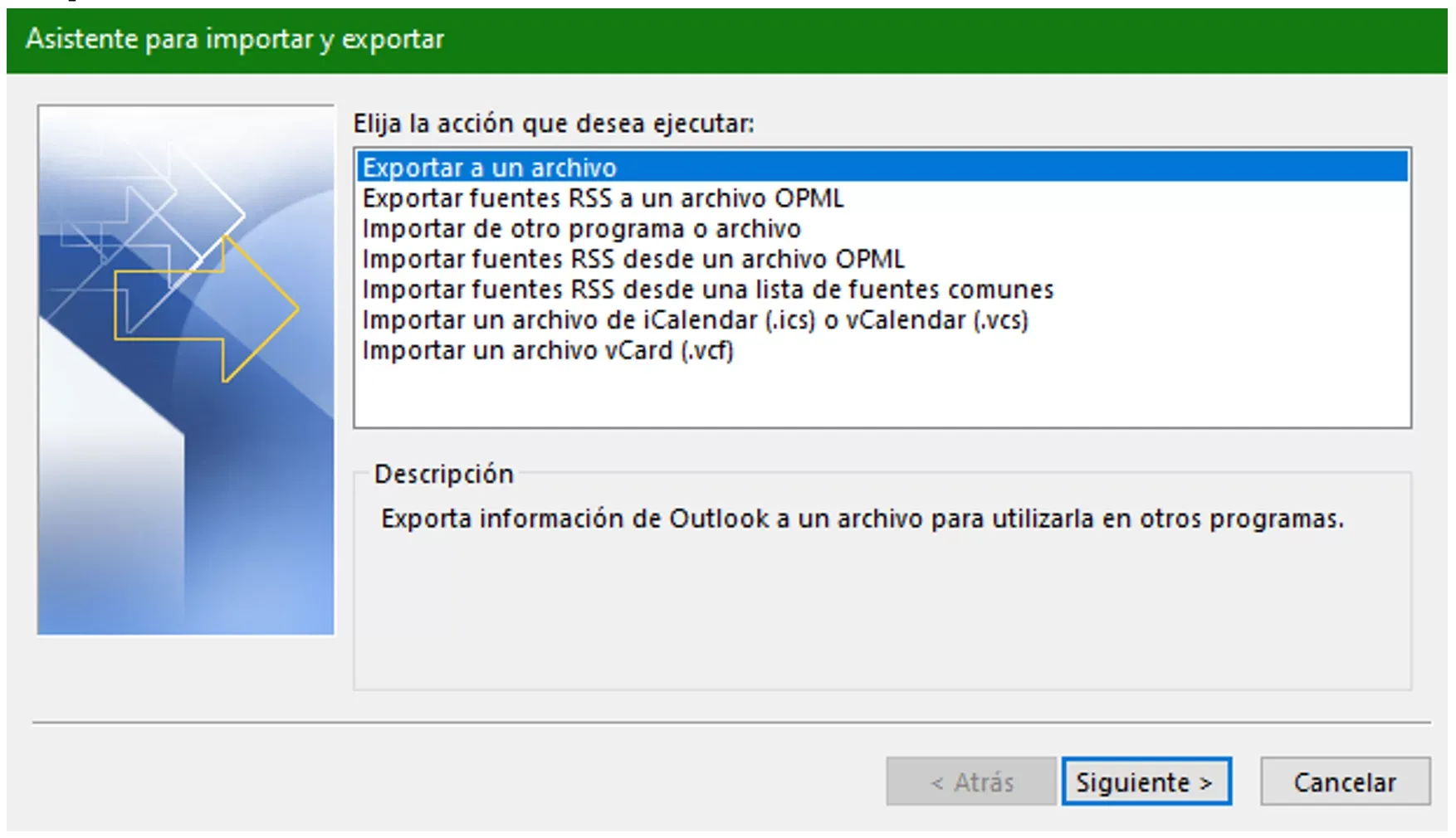 Asistente de exportación con la opción Exportar a un archivo seleccionada