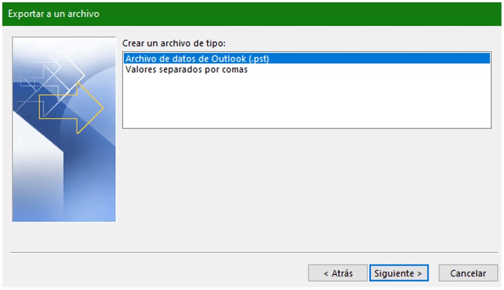 Selección del tipo de archivo Datos de Outlook (.pst) para exportar