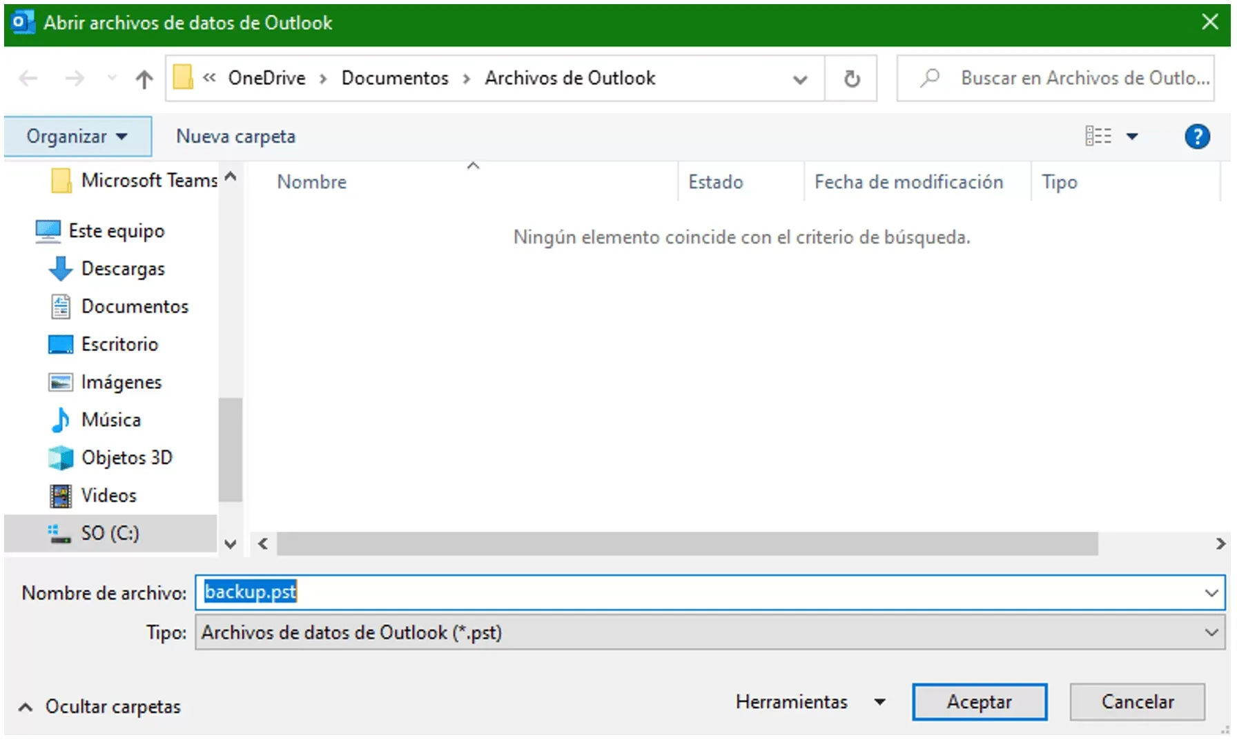 Cuadro para asignar nombre y ubicación al archivo .pst antes de aceptar