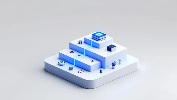 Viñeta isométrica de una guía de configuración: una escalera de losas de vidrio con diales cada vez más ensamblados, unidos en orden por un hilo azul que termina en un equipo con LED estable.
