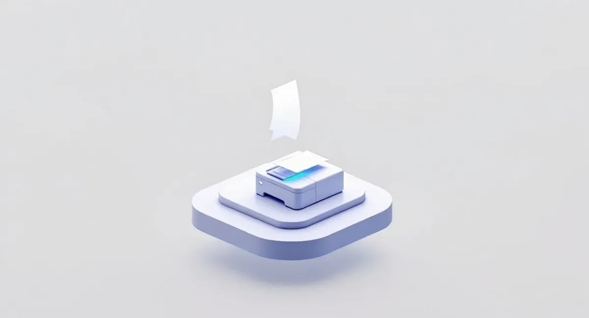 Viñeta isométrica de configuración de impresora: una impresora de oficina unida por un hilo de luz azul a una caja terminal, con una página en blanco saliendo nítida enmarcada por guías de alineación.
