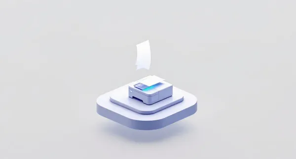 Viñeta isométrica de configuración de impresora: una impresora de oficina unida por un hilo de luz azul a una caja terminal, con una página en blanco saliendo nítida enmarcada por guías de alineación.