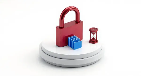 Viñeta isométrica sobre ransomware: un gran candado carmesí domina el pedestal, con una pila de carpetas azules retenida a su costado y un reloj de arena carmesí drenando el tiempo al lado.