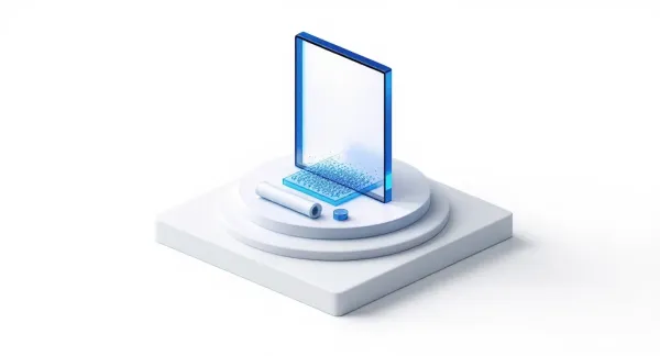 Viñeta isométrica sobre certificados SSL: un panel de navegador en blanco envuelto en una funda azul translúcida sellada, con un hilo de cuentas de luz cifradas ilegible desde afuera bajo una lupa.