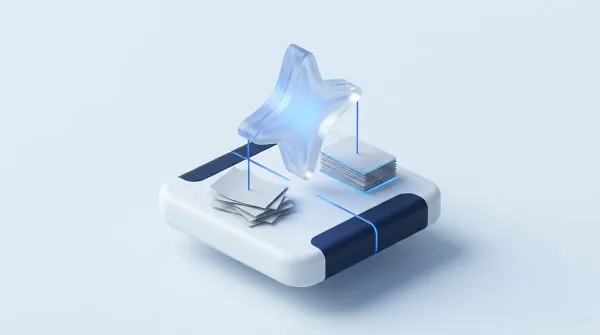 Viñeta isométrica sobre IA para pymes: un gran destello de IA de cuatro puntas en vidrio esmerilado brilla en azul cobalto sobre el pedestal; debajo, una pila desordenada de documentos a la izquierda pasa a ser una pila perfectamente alineada a la derecha.