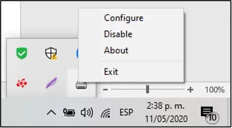 Clic derecho sobre el ícono de DOSPrinter mostrando la opción Configurar