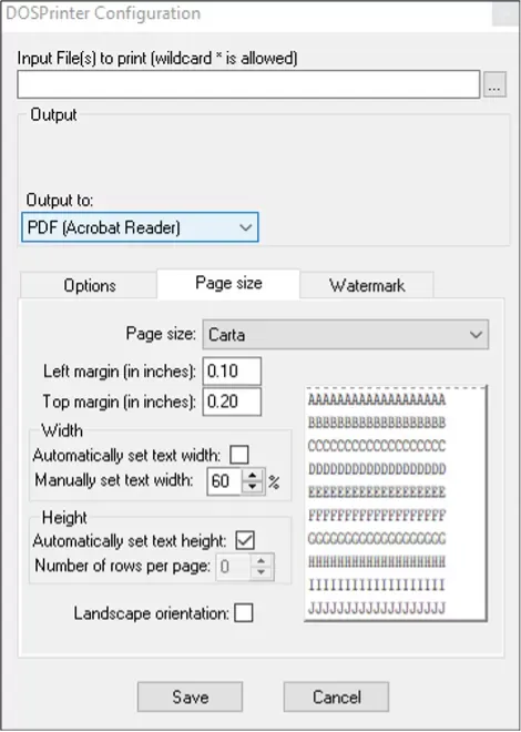 Pestaña Page size de DOSPrinter con los márgenes y ajustes de impresión configurados
